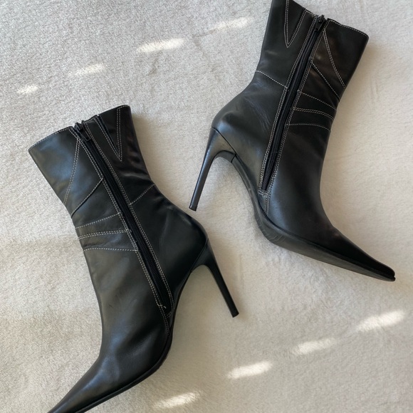 Diba Vintage Y2K Pointed Toe Boots Retro 90s Black Leather Heel - Picture 3 of 16